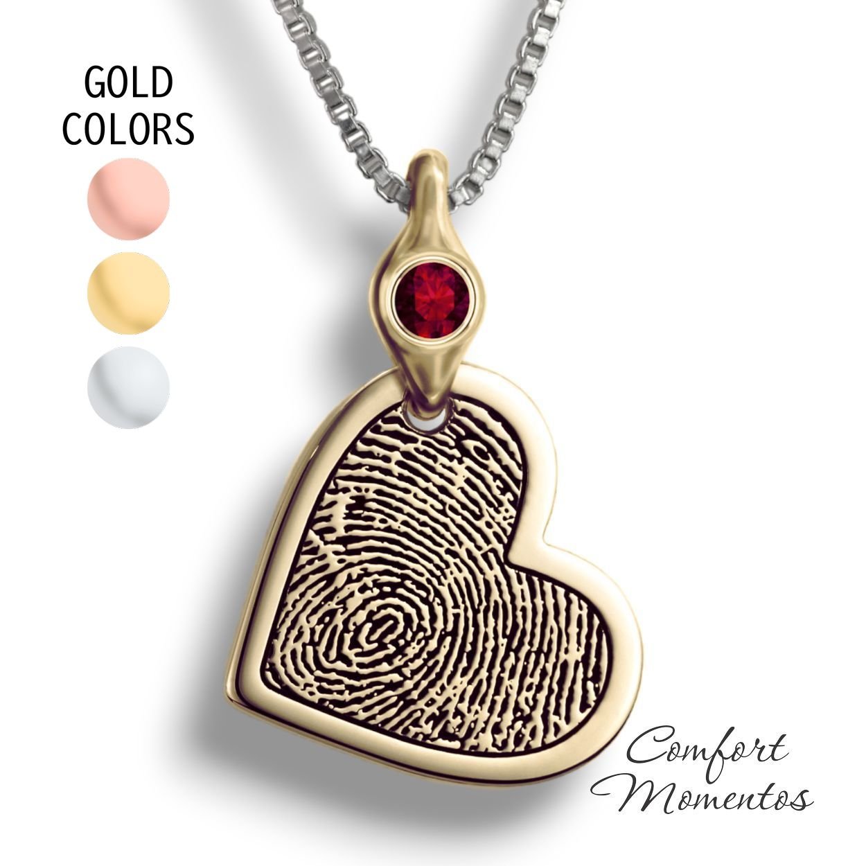 Gold tilted heart necklace with black fingerprint engraving, with a gemstone urn