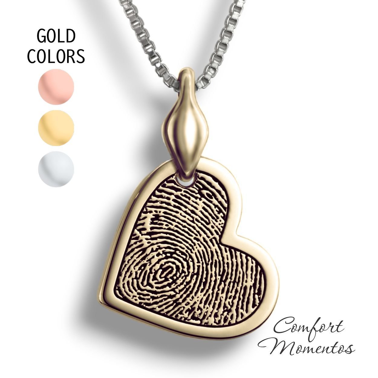 Gold tilted heart necklace with black fingerprint engraving, with a plain urn