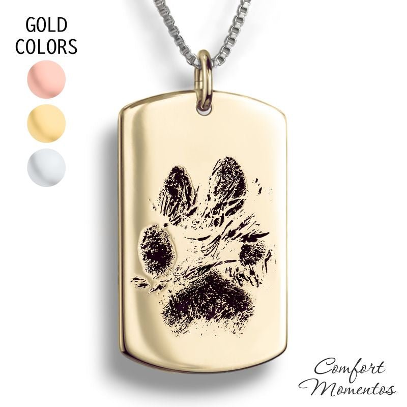 Large gold dog tag necklace with black pawprint engraving