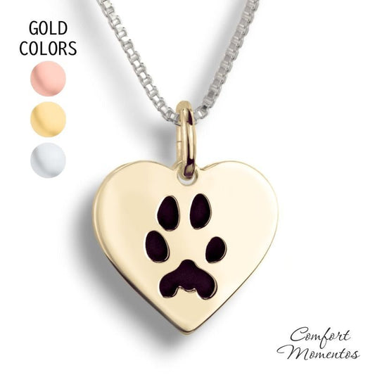 Gold heart necklace with black pawprint engraving