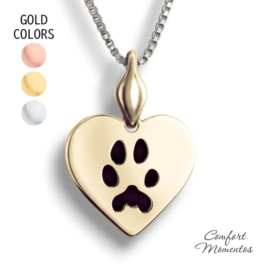 Gold heart necklace with black pawprint engraving, with a plain urn