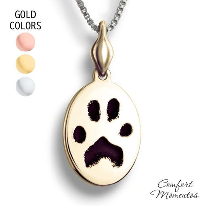 Gold oval necklace with black pawprint engraving, with a plain urn