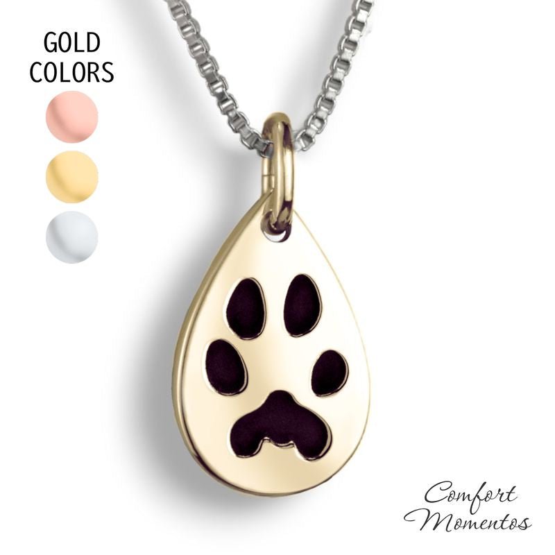 Gold teardrop necklace with black pawprint engraving