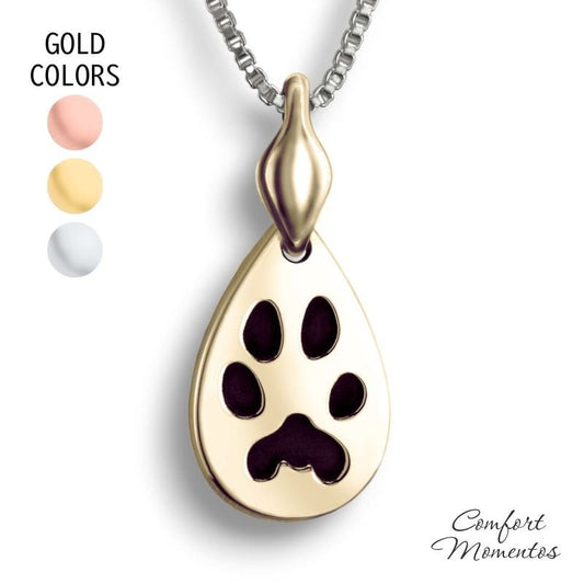Gold teardrop necklace with black pawprint engraving, with a plain urn