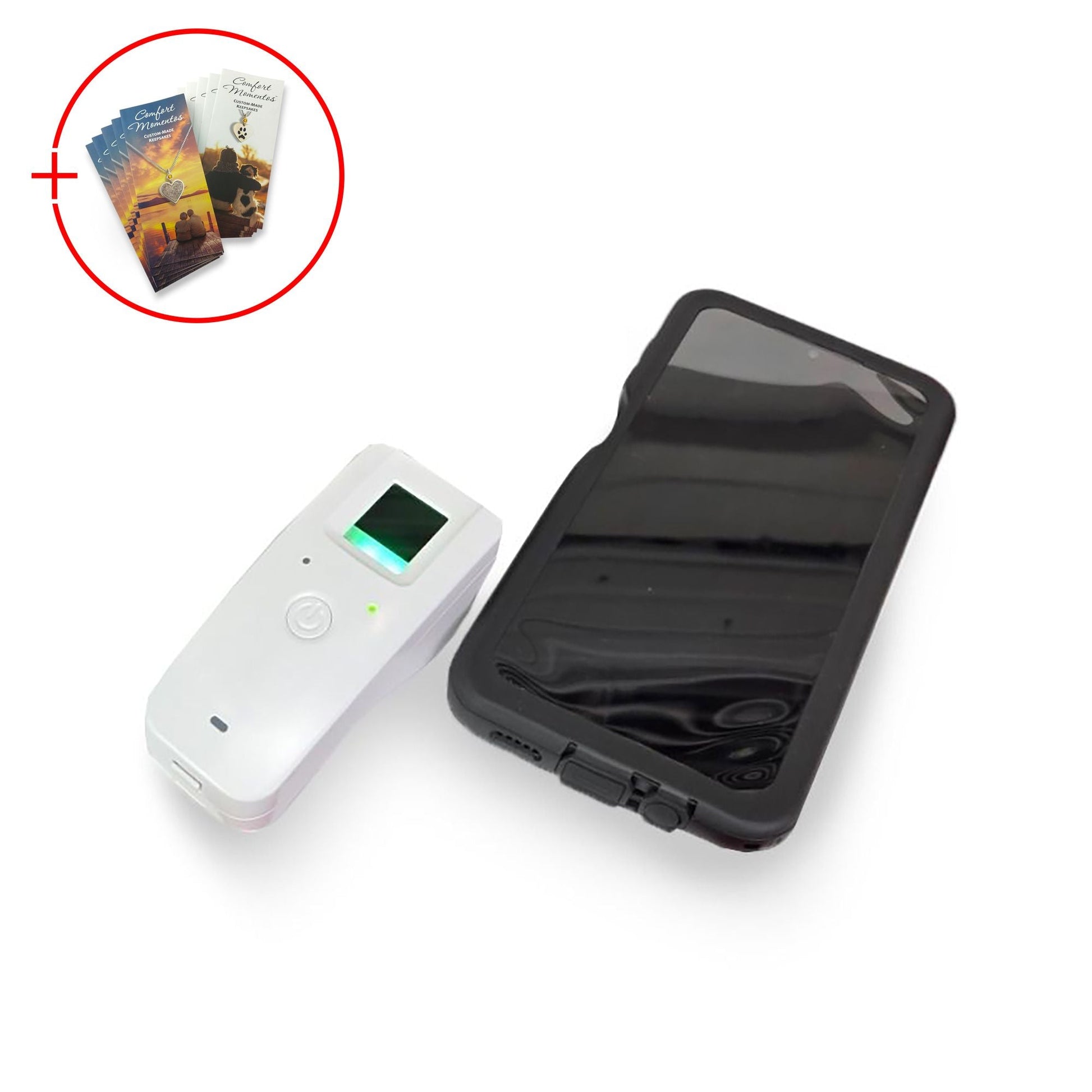 White fingerprint scanner and black phone