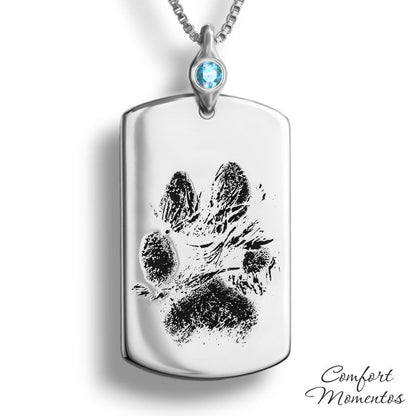 Pawprint Dog Tag Necklace with Gemstone Urn Capsule Bail - Silver [Large]