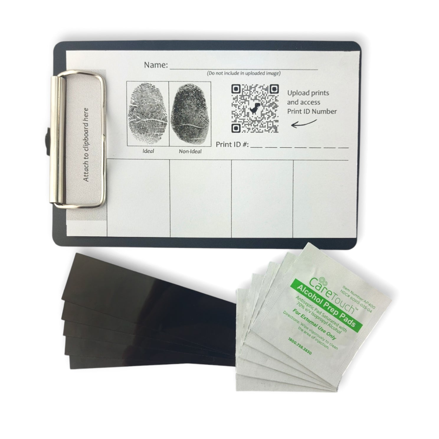 Clipboard with fingerprint taking materials; ink strips, alcohol wipes, and taking template
