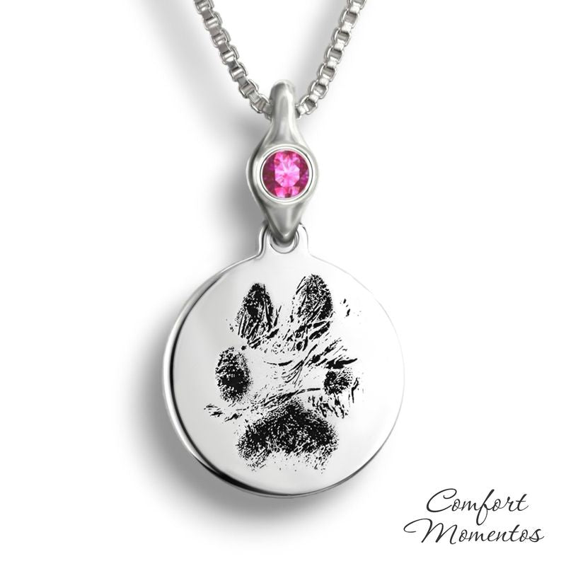 Pawprint Round Necklace with Gemstone Comfort Capsule Bail - Silver