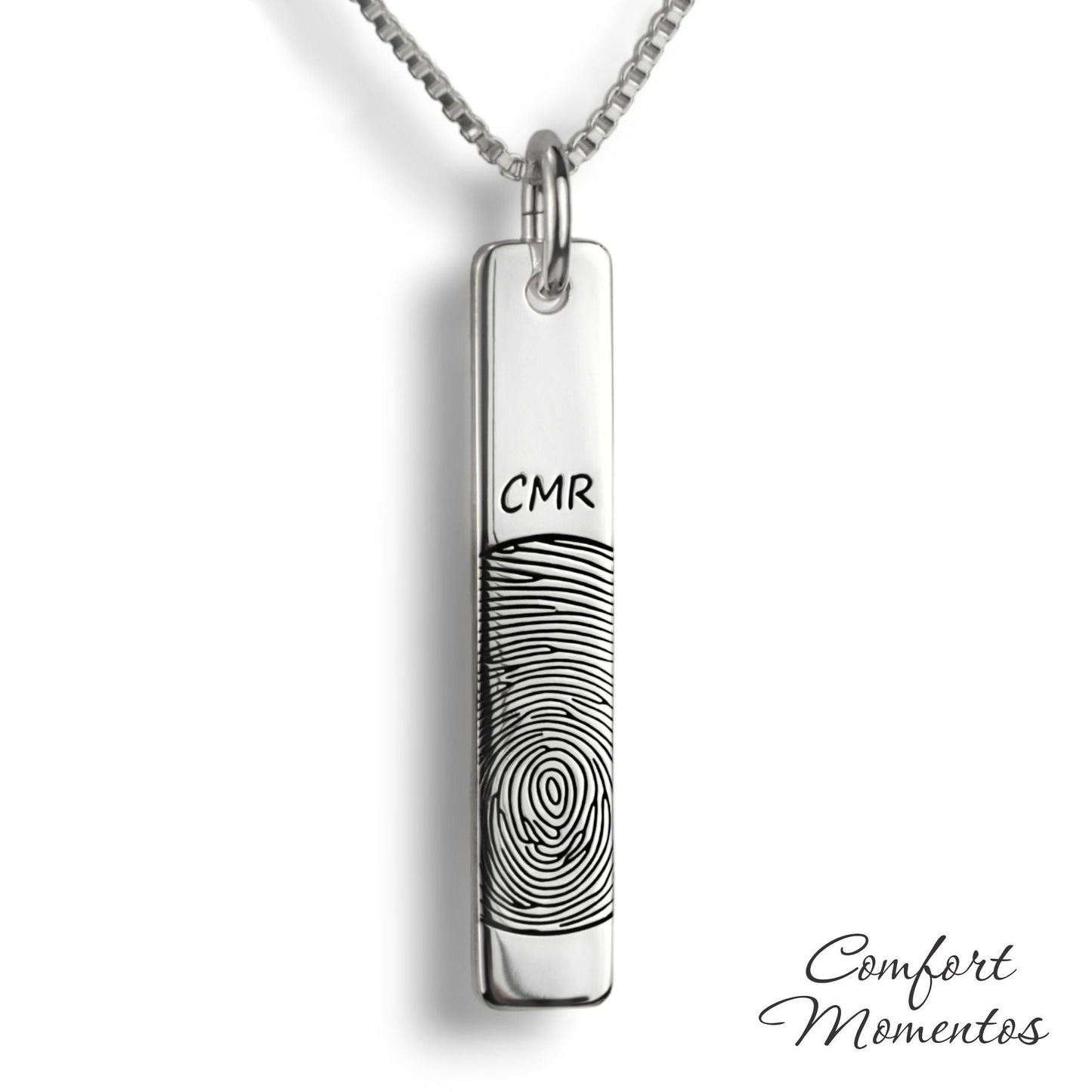 Silver vertical bar necklace engraved with a black fingerprint and initials