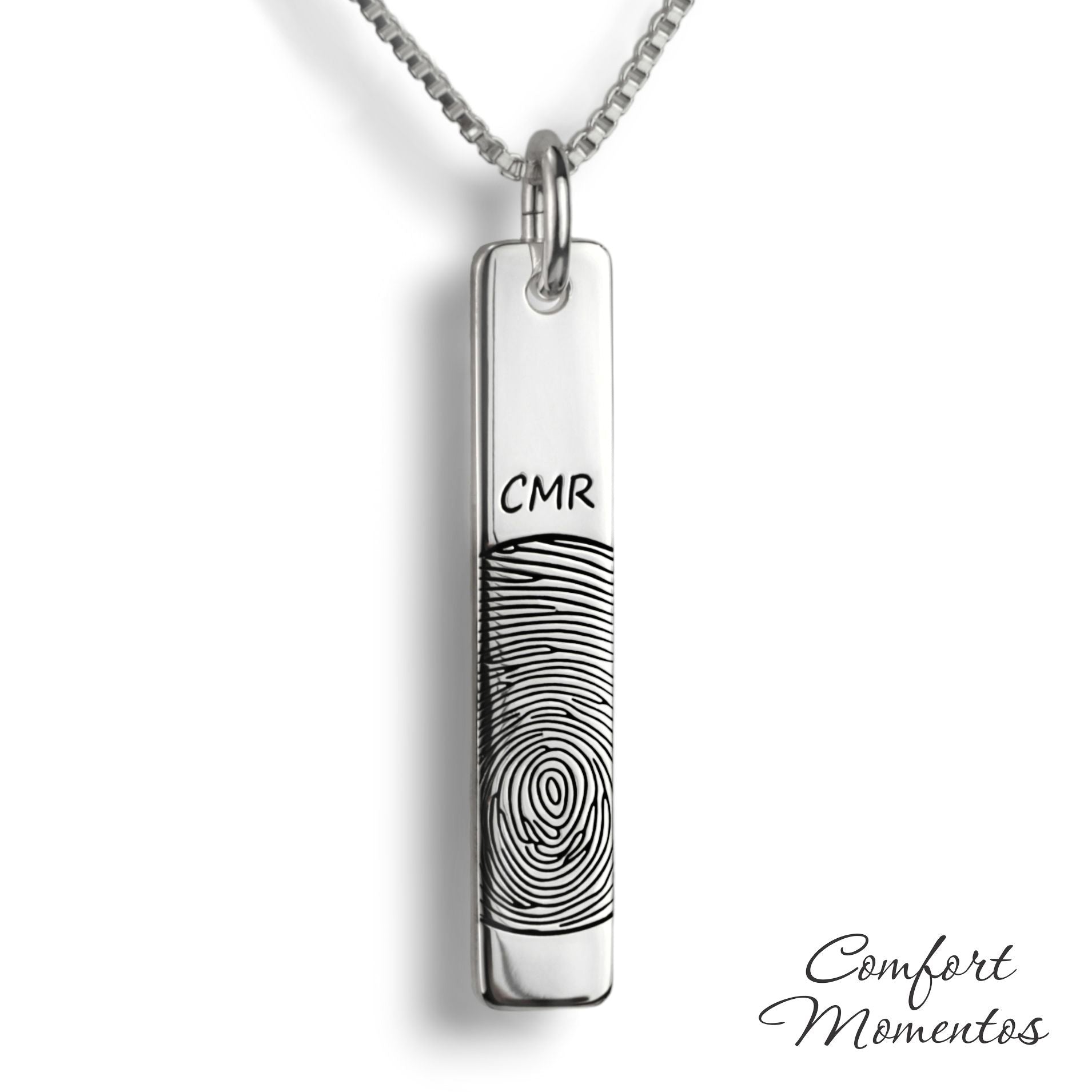 Silver vertical bar necklace engraved with a black fingerprint and initials