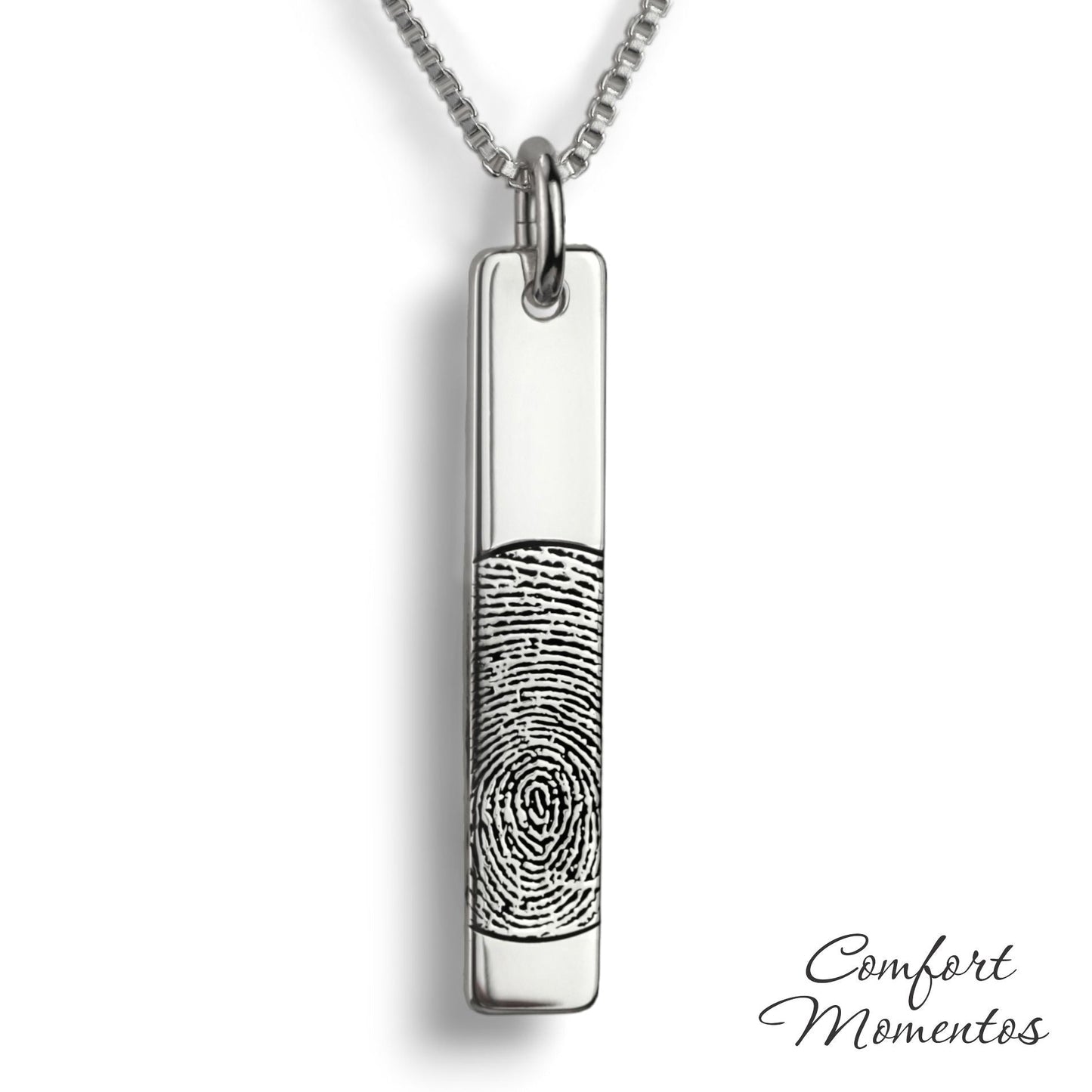 Silver vertical bar necklace engraved with a black fingerprint