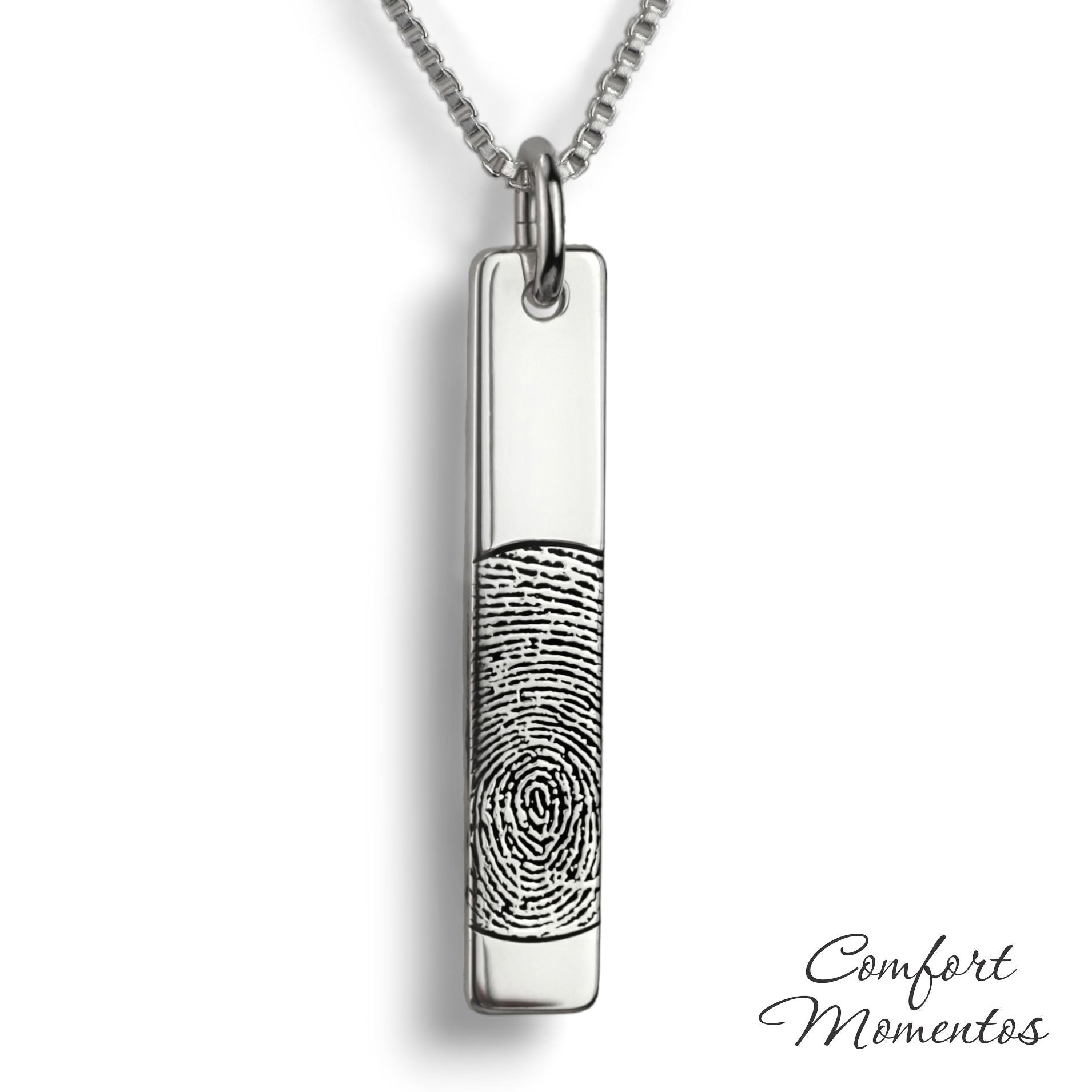 Silver vertical bar necklace engraved with a black fingerprint