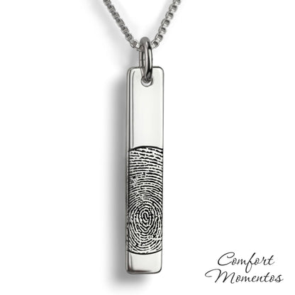 Silver vertical bar necklace engraved with a black fingerprint