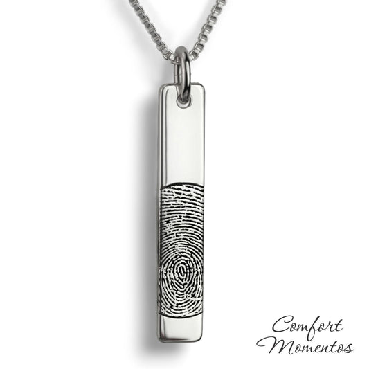 Silver vertical bar necklace engraved with a black fingerprint