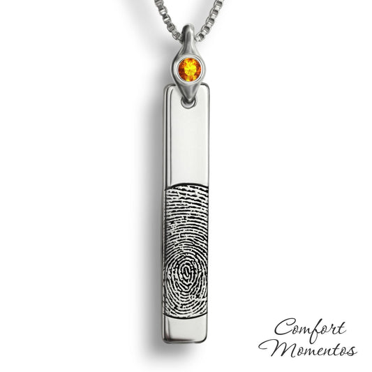 Silver vertical bar necklace engraved with a black fingerprint, with a gemstone urn