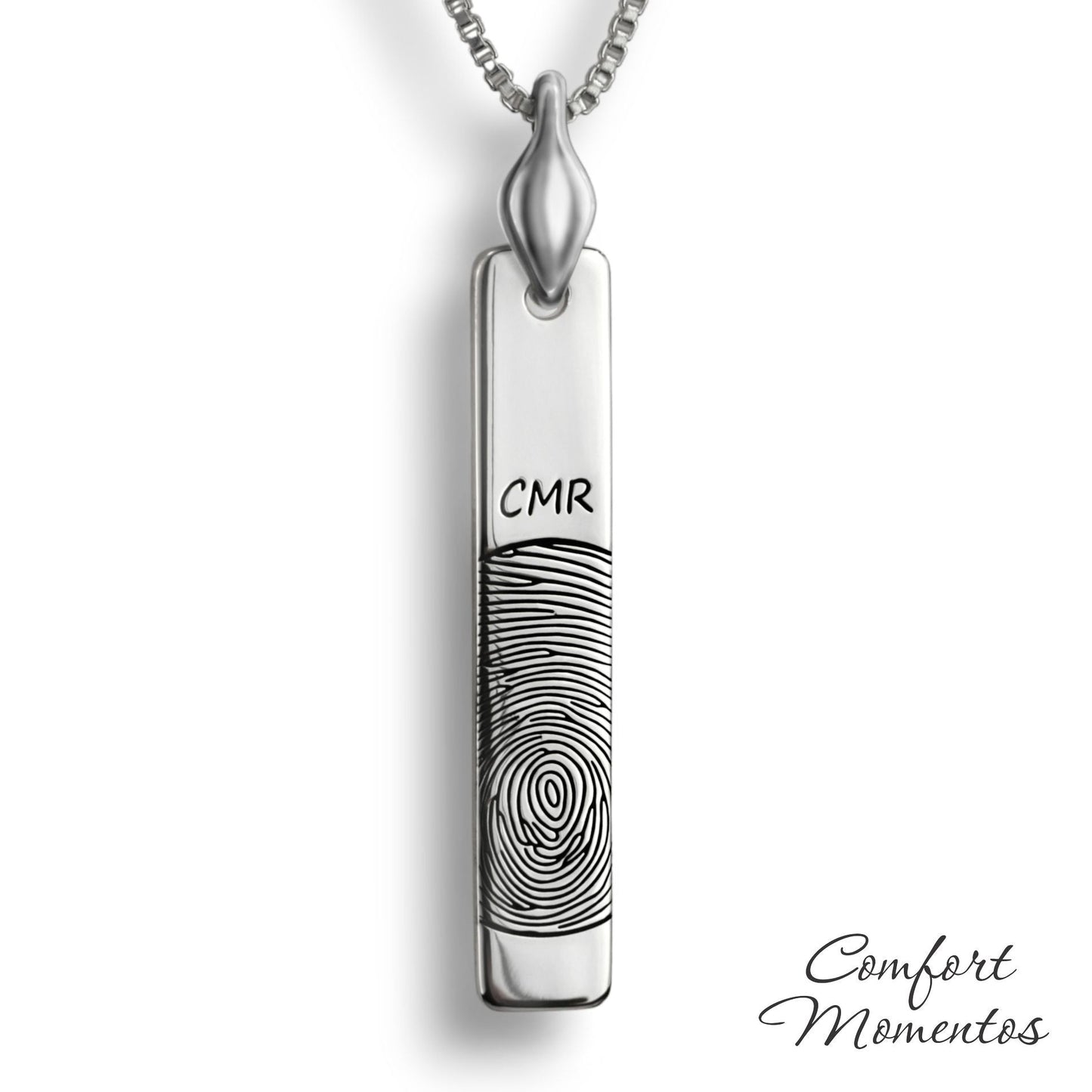 Silver vertical bar necklace engraved with a black fingerprint and initials, with a plain urn