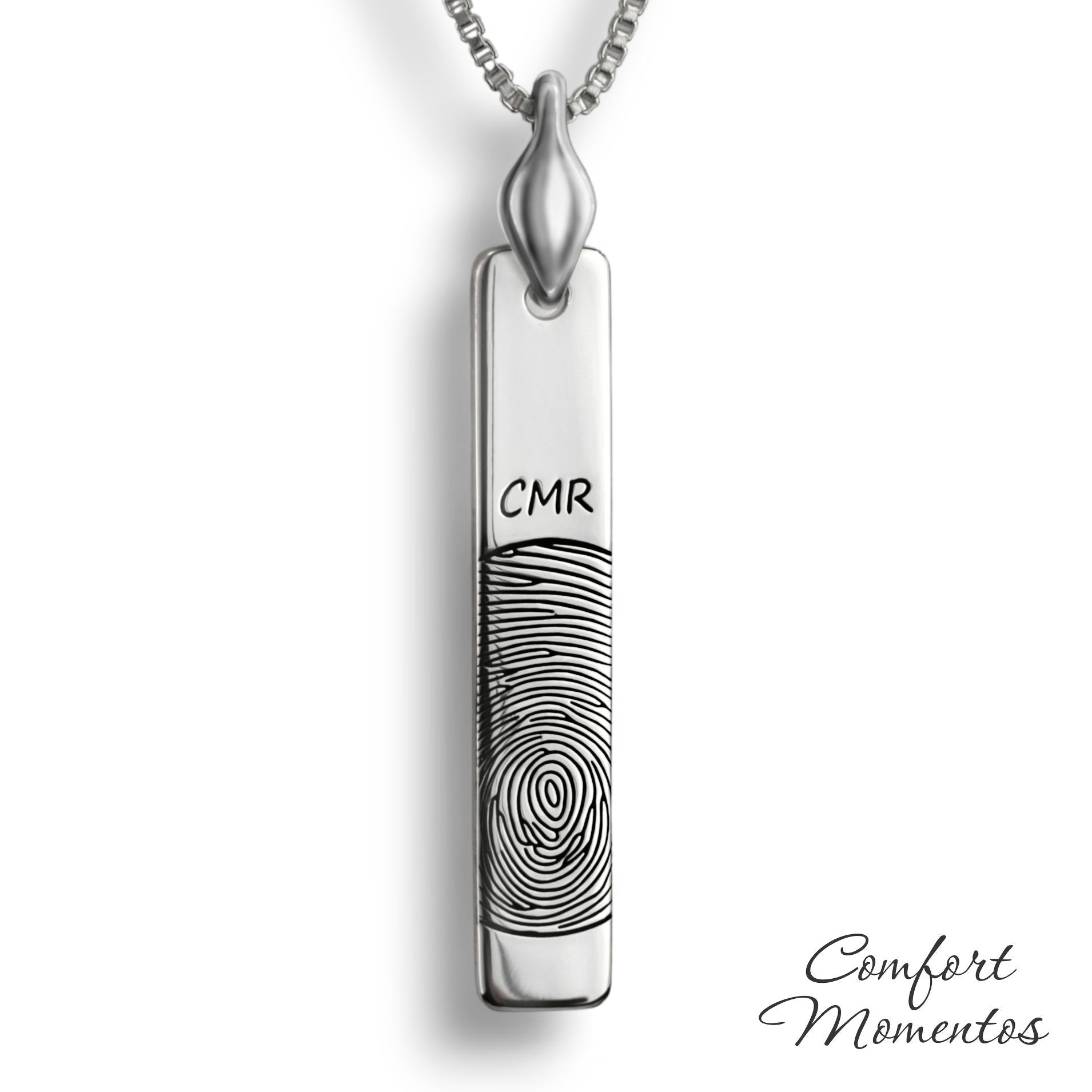 Silver vertical bar necklace engraved with a black fingerprint and initials, with a plain urn