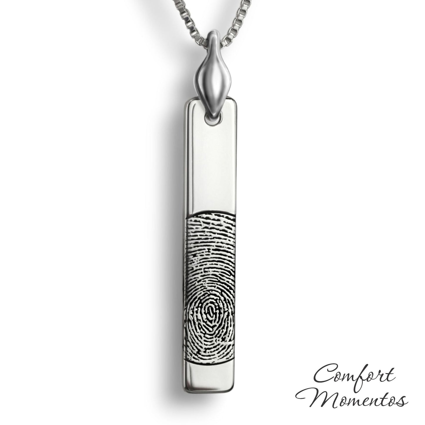 Silver vertical bar necklace engraved with a black fingerprint, with a plain urn