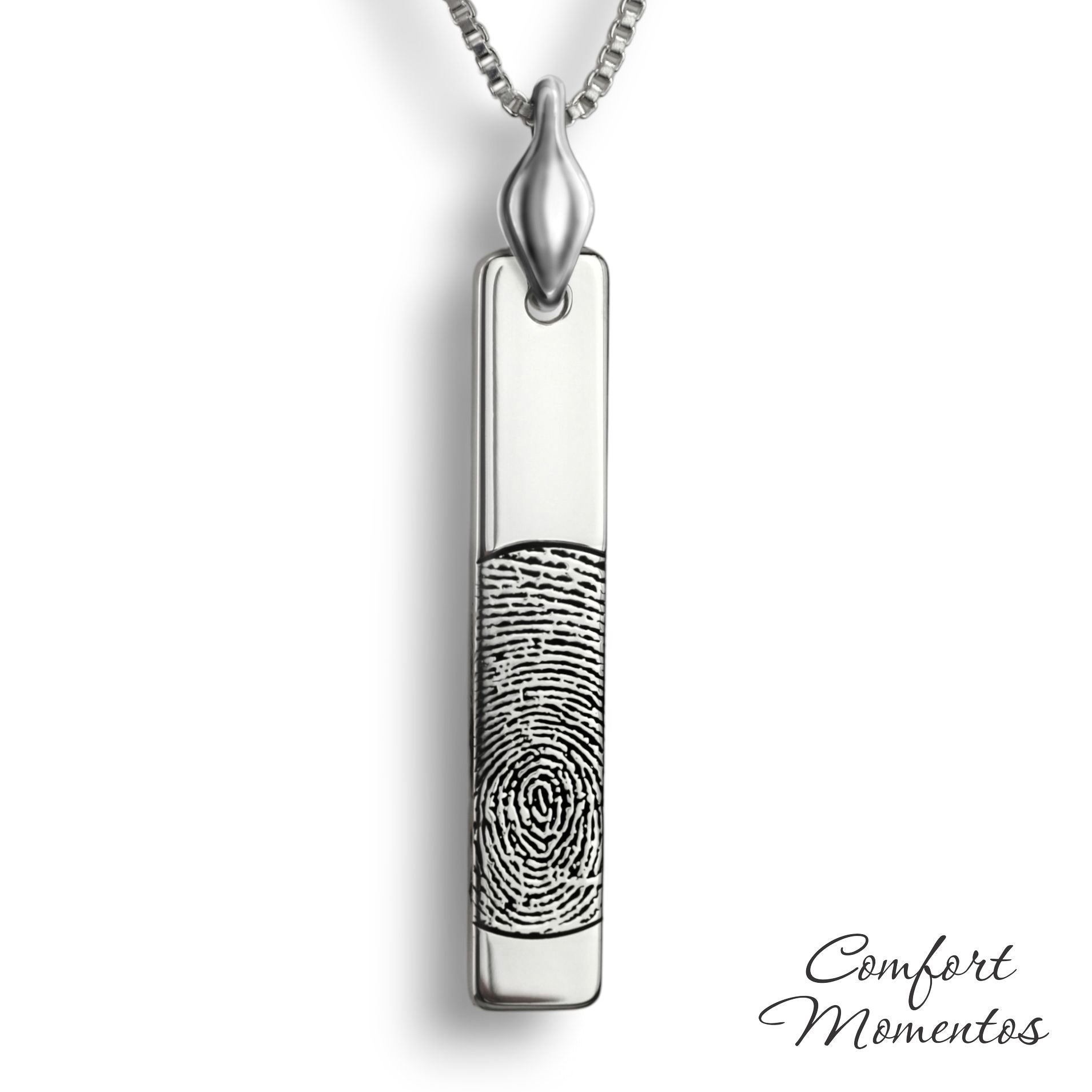 Silver vertical bar necklace engraved with a black fingerprint, with a plain urn