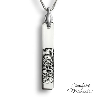 Silver vertical bar necklace engraved with a black fingerprint, with a plain urn