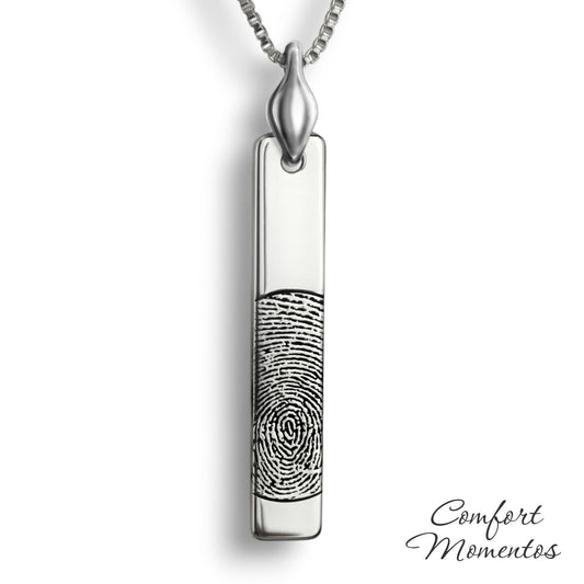 Silver vertical bar necklace engraved with a black fingerprint, with a plain urn
