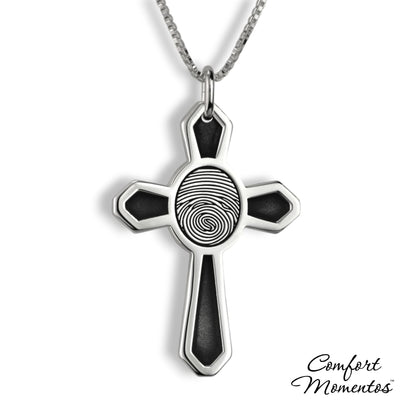 Large silver cross necklace with black fingerprint and recesses engraved