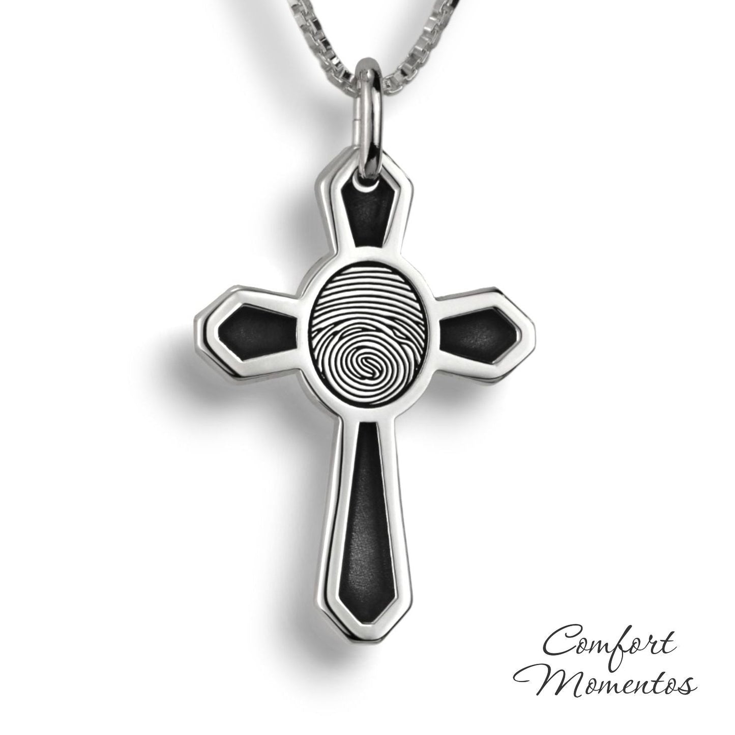 Silver cross necklace with black fingerprint and recessed black areas