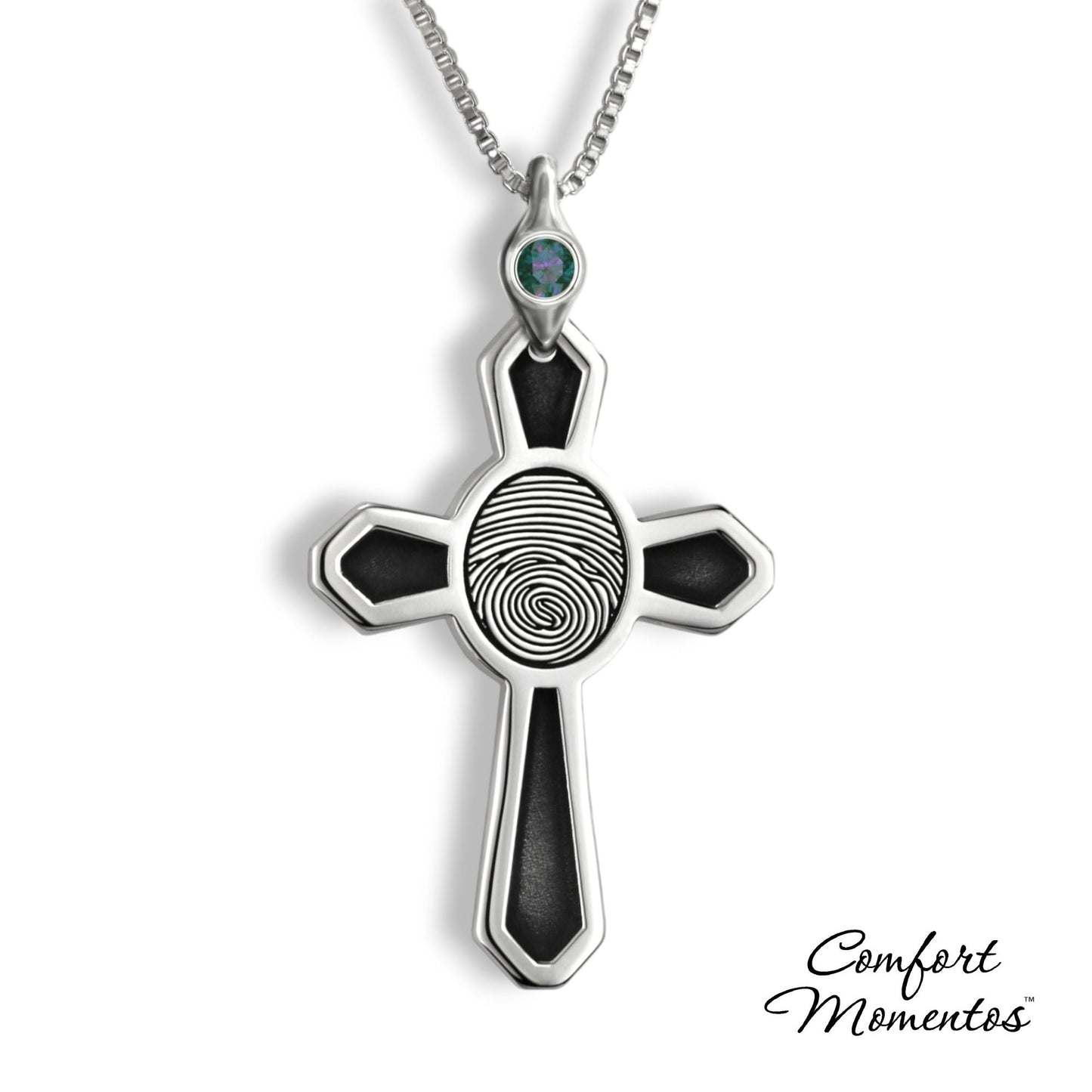 Large silver cross necklace with black fingerprint and recesses engraved, with a gemstone urn