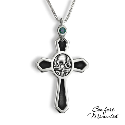 Large silver cross necklace with black fingerprint and recesses engraved, with a gemstone urn