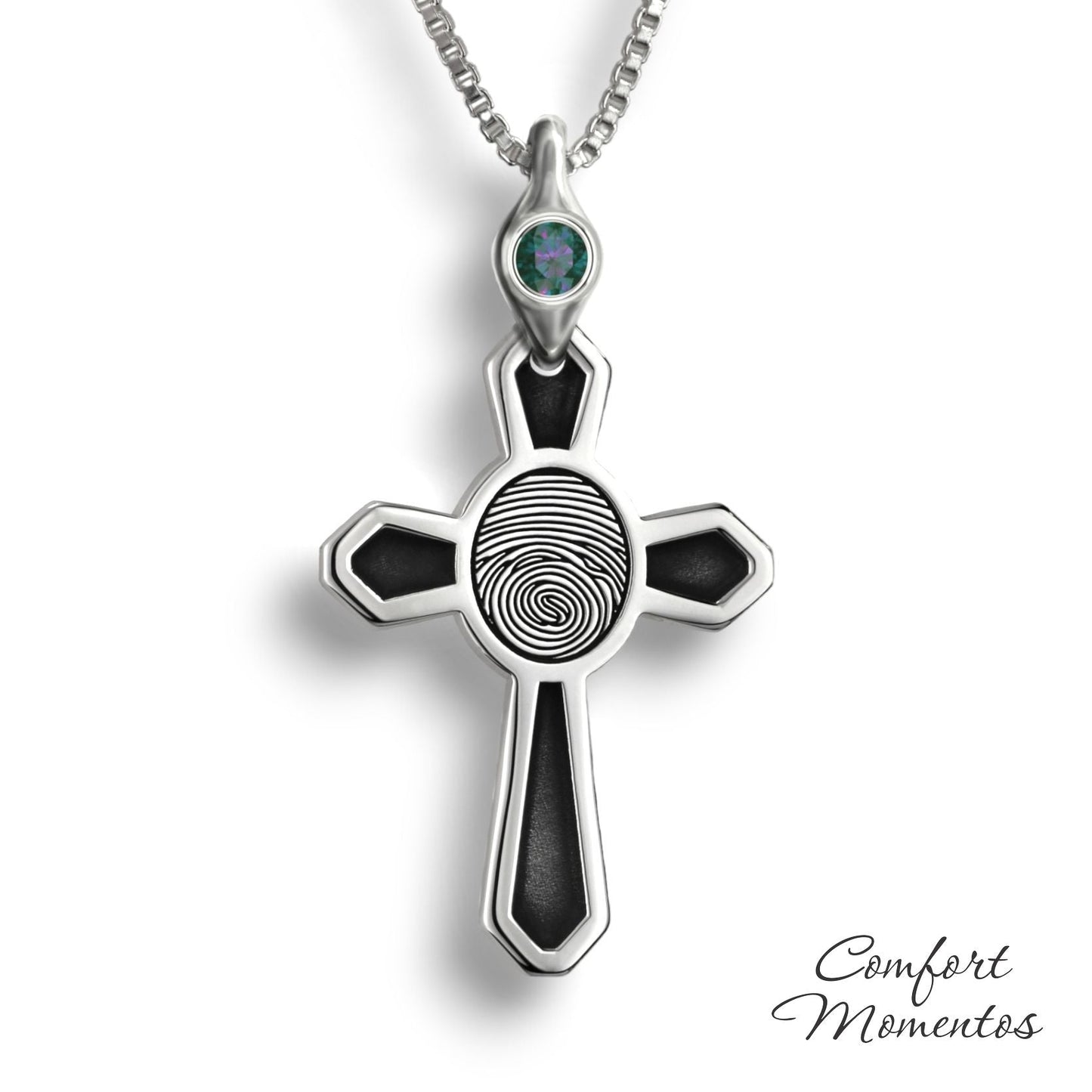 Silver cross necklace with black fingerprint and recessed black areas, with a gemstone urn
