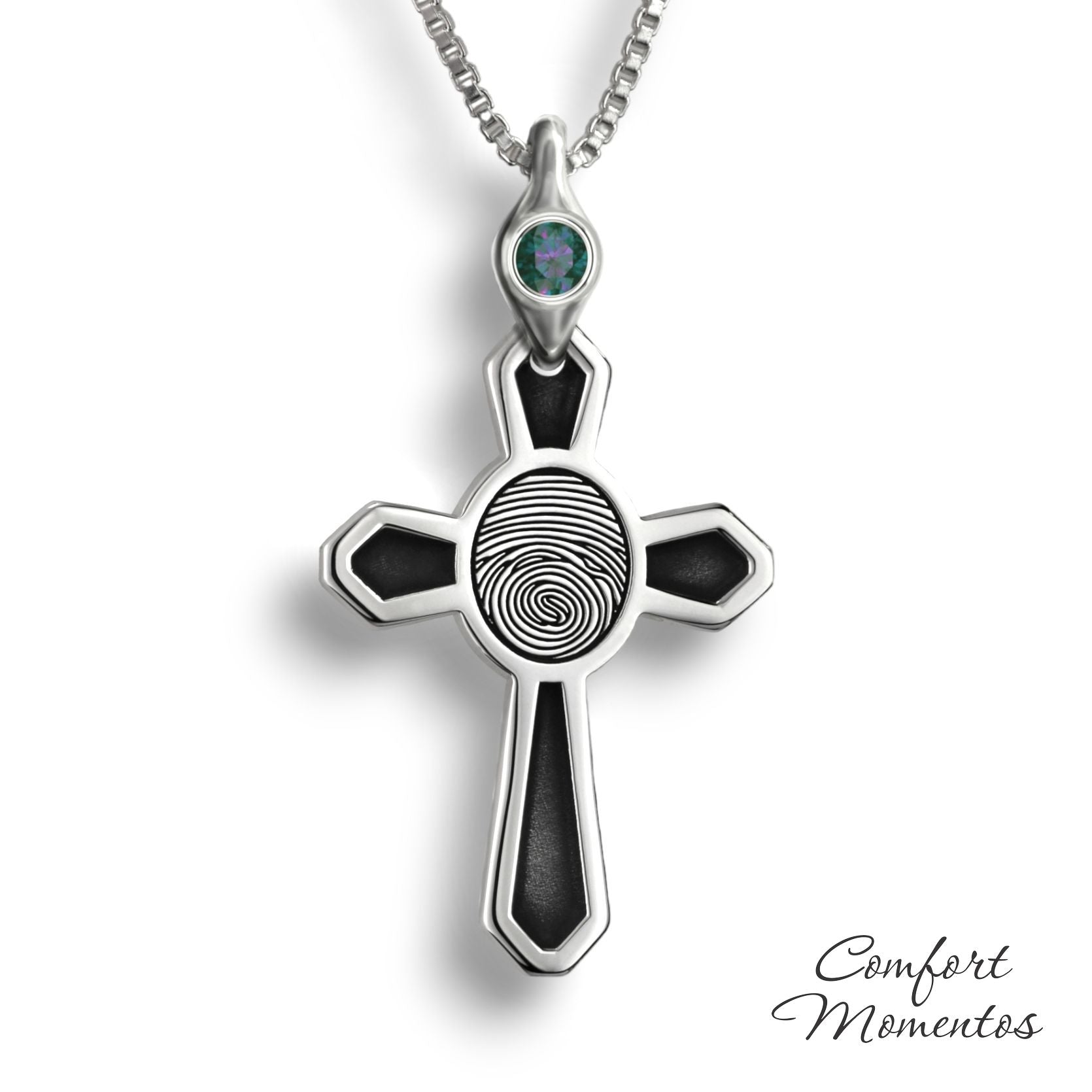 Silver cross necklace with black fingerprint and recessed black areas, with a gemstone urn