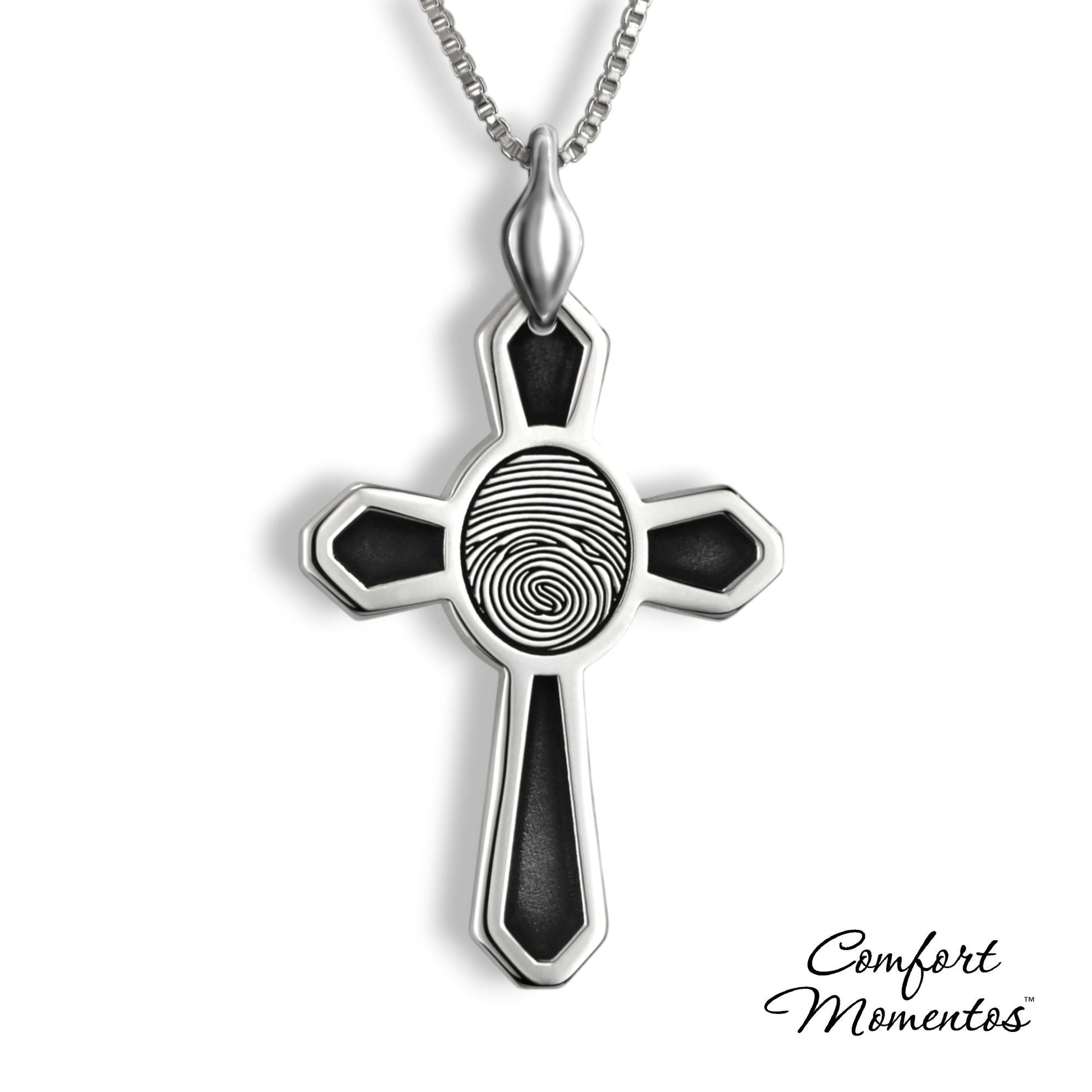 Large silver cross necklace with black fingerprint and recesses engraved, with a plain urn