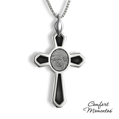 Large silver cross necklace with black fingerprint and recesses engraved, with a plain urn