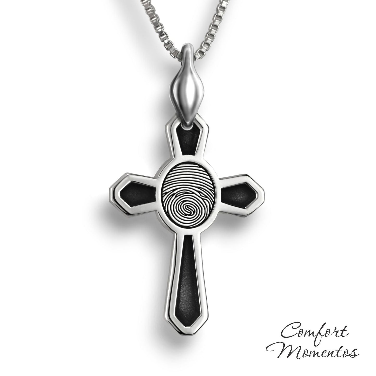 Silver cross necklace with black fingerprint and recessed black areas, with a plain urn
