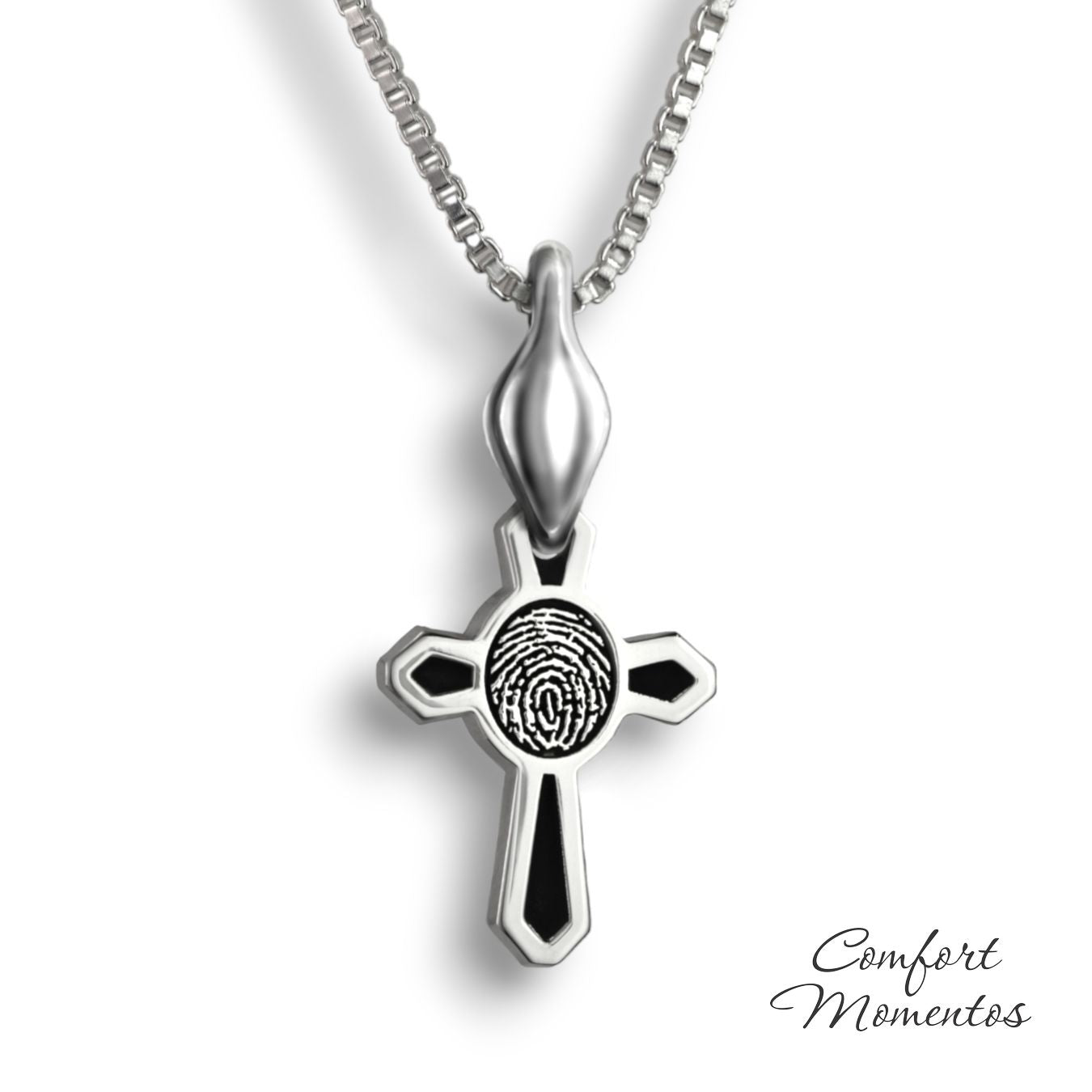 Small silver cross necklace with black fingerprint and recessed black areas, with a plain urn