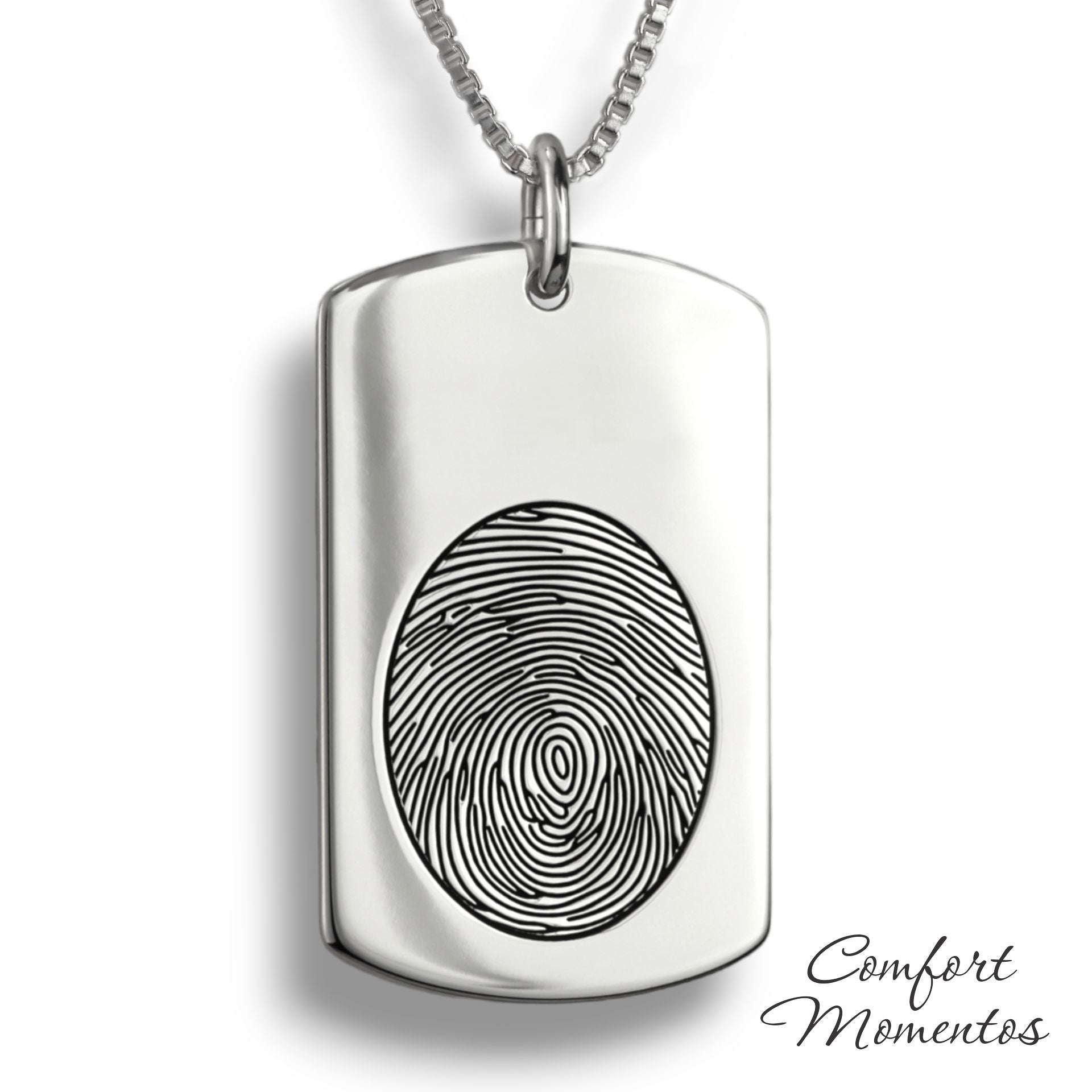 Large silver dog tag necklace with a black fingerprint engraved