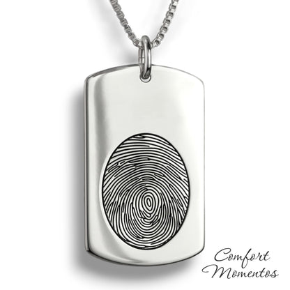 Large silver dog tag necklace with a black fingerprint engraved