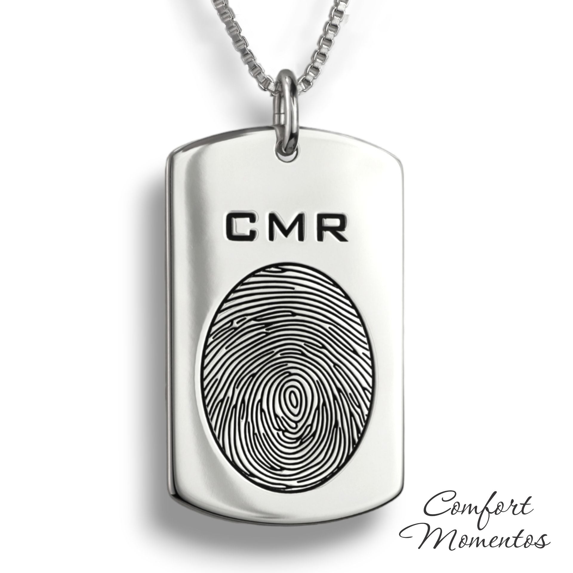 Large silver dog tag necklace with a black fingerprint and initials engraved