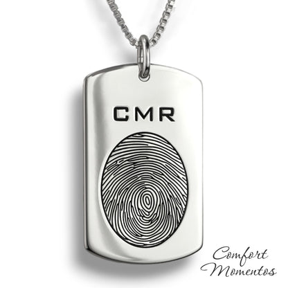 Large silver dog tag necklace with a black fingerprint and initials engraved