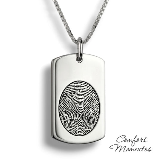Silver dog tag necklace with a black fingerprint engraved