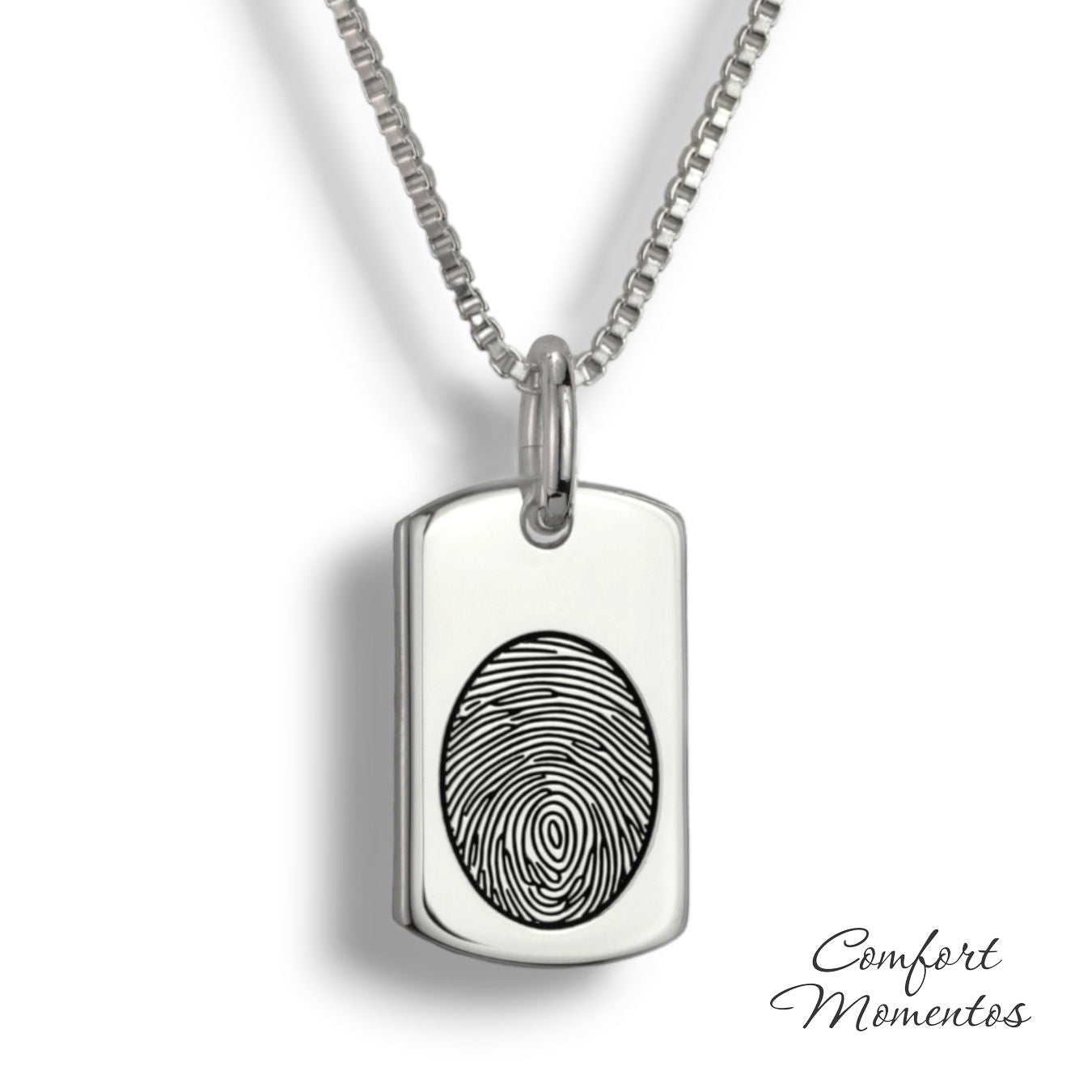 Small silver dog tag necklace with a black fingerprint engraved