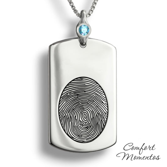 Large silver dog tag necklace with a black fingerprint engraved, with a gemstone urn