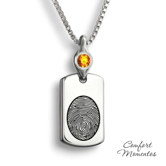 Small silver dog tag necklace with a black fingerprint engraved, with a gemstone urn