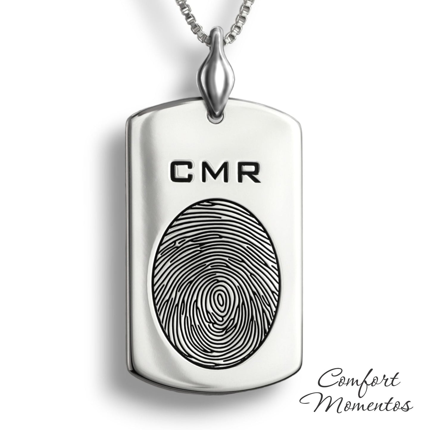 Large silver dog tag necklace with a black fingerprint and initials engraved, with a plain urn