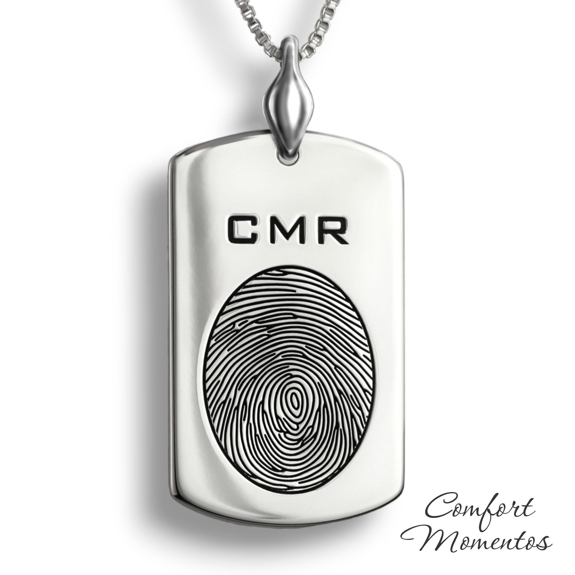 Large silver dog tag necklace with a black fingerprint and initials engraved, with a plain urn