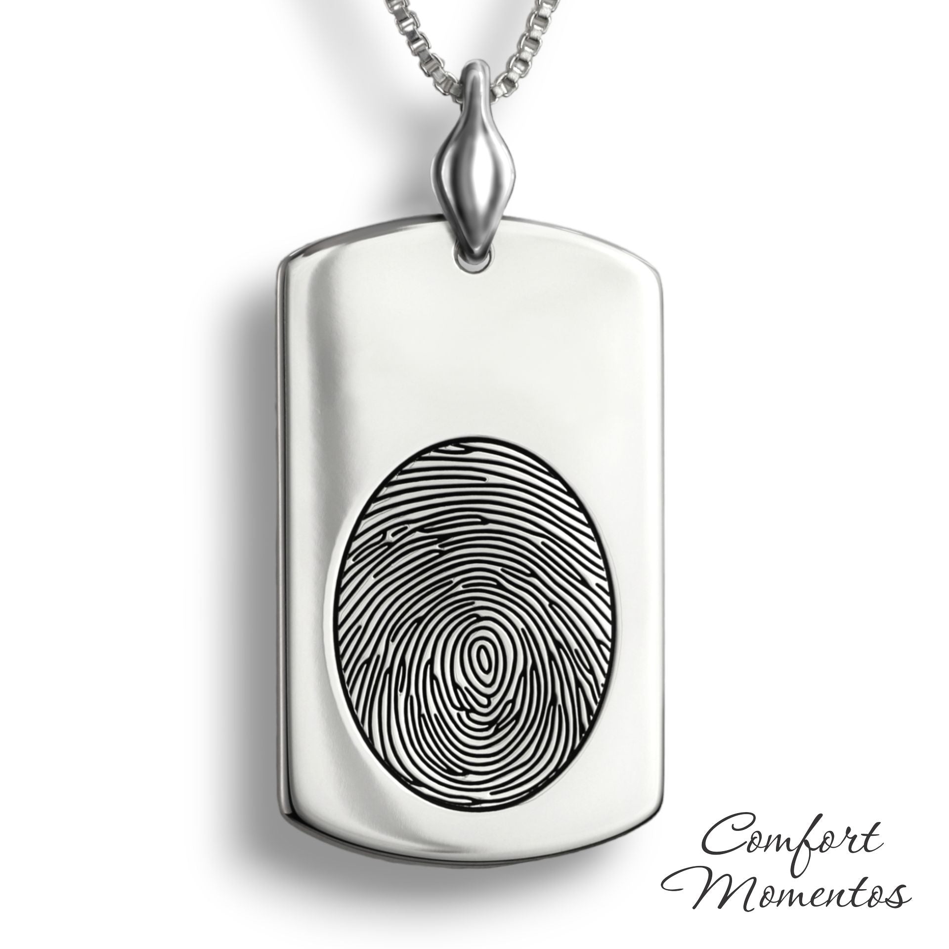 Large silver dog tag necklace with a black fingerprint engraved, with a plain urn