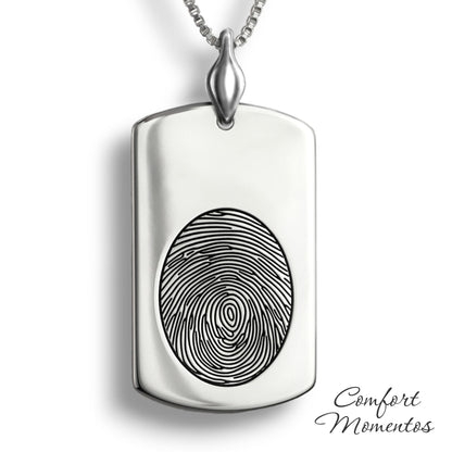 Large silver dog tag necklace with a black fingerprint engraved, with a plain urn