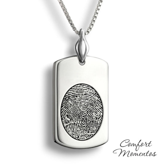 Silver dog tag necklace with a black fingerprint engraved, with a plain urn