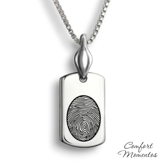 Small silver dog tag necklace with a black fingerprint engraved, with a plain urn