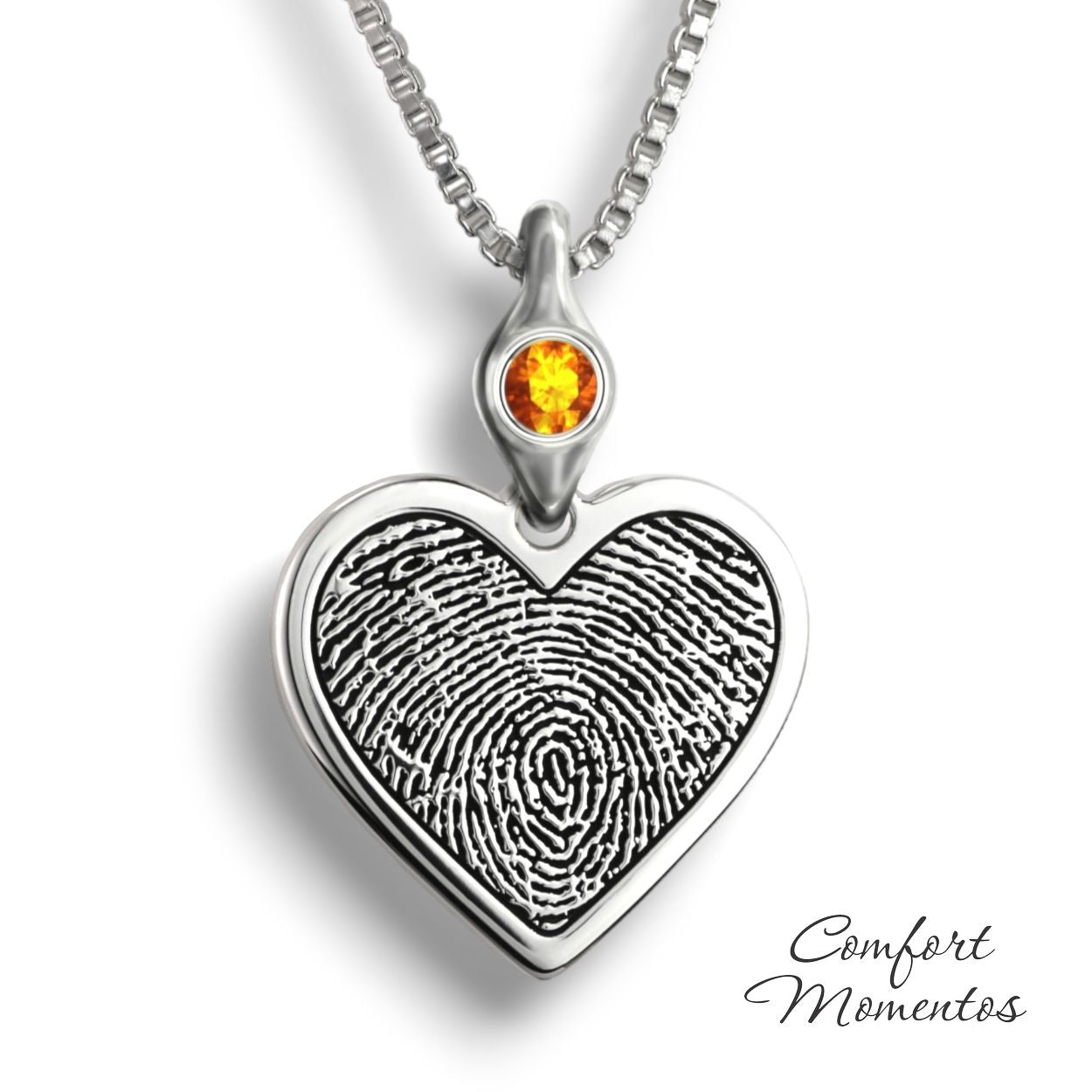 Silver heart necklace with a black fingerprint engraved, with a gemstone urn